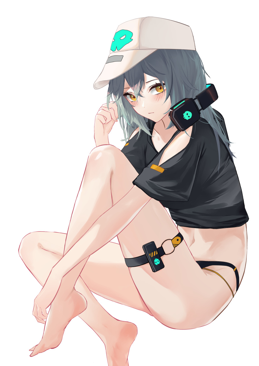 1girl absurdres antonina_(girls'_frontline_nc) bangs bare_legs barefoot baseball_cap black_shirt blush clothing_cutout commentary_request crop_top girls'_frontline girls'_frontline_neural_cloud grey_hair hair_between_eyes hand_up hat headphones headphones_around_neck highres knee_up long_hair looking_at_viewer midriff navel o-ring shirt short_sleeves shoulder_cutout simple_background sitting solo stomach thigh_strap thighs white_background white_headwear xiaobei yellow_eyes