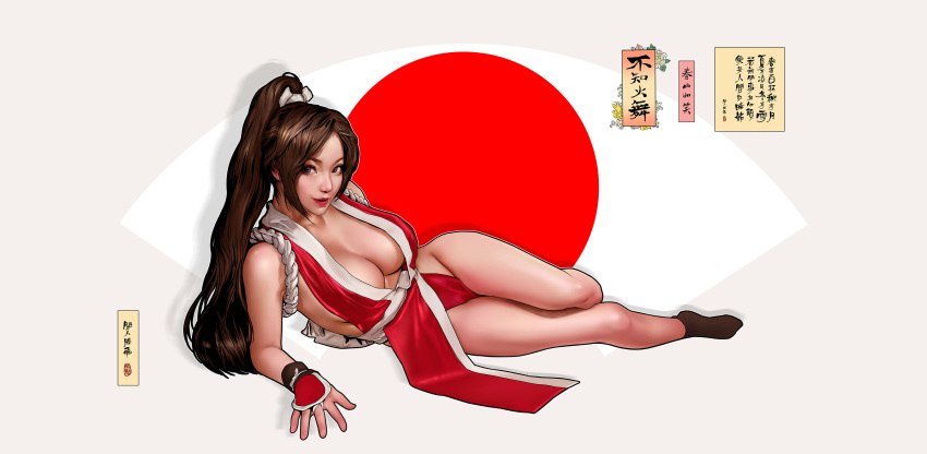 1girl absurdres arm_support bare_shoulders breasts brown_eyes brown_hair cleavage drop_shadow fatal_fury fei_teng folded_leg full_body grey_background hand_guard high_ponytail highres large_breasts long_hair looking_at_viewer lying no_shoes on_side orb pelvic_curtain ponytail reclining red_lips red_sun revealing_clothes rope sash shiranui_mai sideboob smile socks solo the_king_of_fighters very_long_hair wrist_cuffs