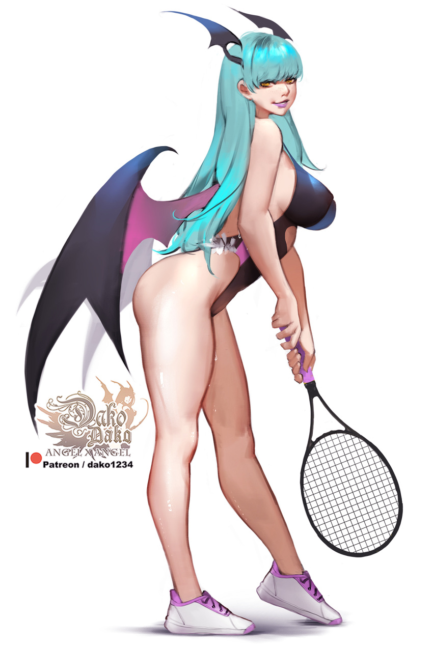 1girl ass bat_wings breasts demon_girl full_body green_hair head_wings highres hu_dako large_breasts legs long_hair looking_at_viewer morrigan_aensland patreon_username racket shoes simple_background solo standing sweat tennis_racket thighs vampire_(game) white_background white_footwear wings yellow_eyes