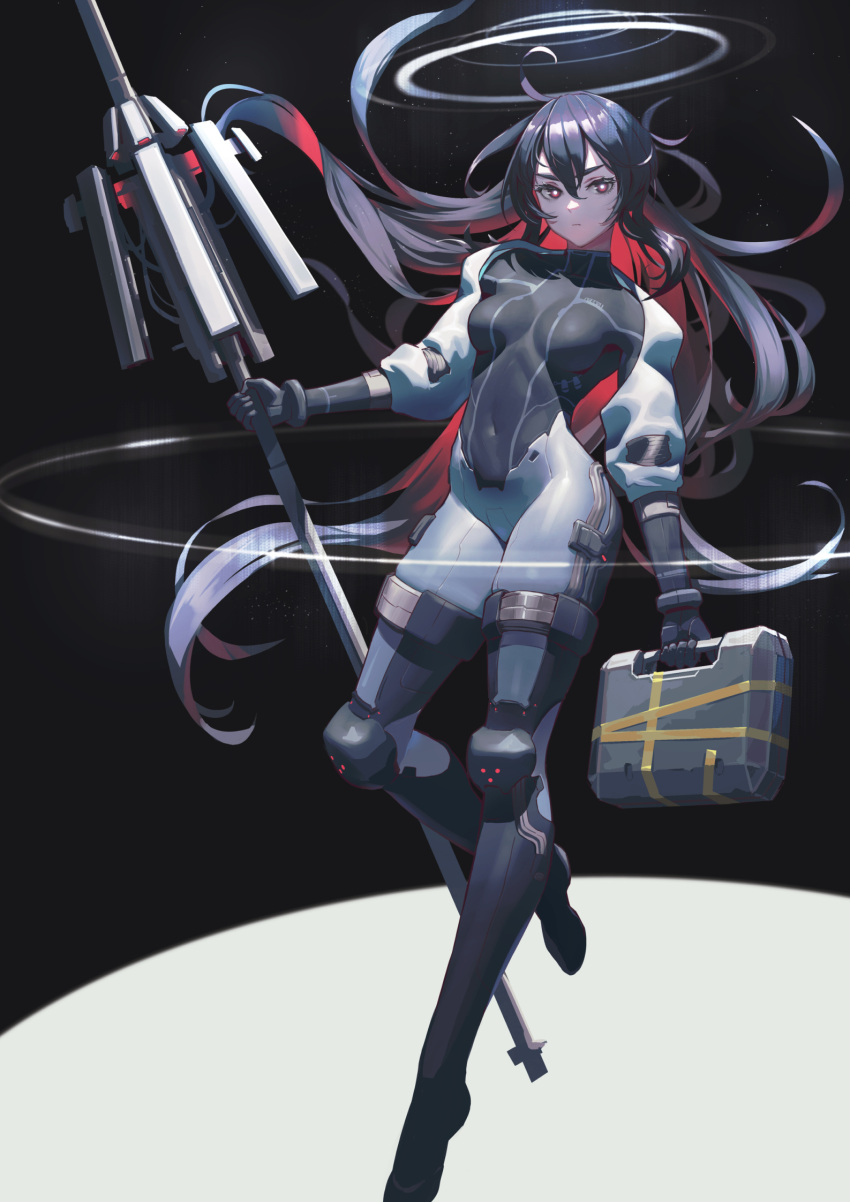 1girl black_hair bodysuit briefcase bright_pupils colored_inner_hair covered_navel full_body guihuo_inferno halo highres holding holding_briefcase holding_polearm holding_weapon long_hair looking_at_viewer multicolored_hair original polearm red_eyes red_hair science_fiction skin_tight solo spacesuit spear tape two-tone_hair very_long_hair weapon white_pupils