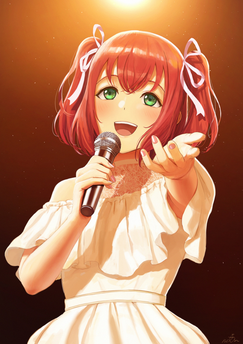 1girl bare_shoulders dress green_eyes hair_ribbon highres holding holding_microphone kurosawa_ruby love_live! love_live!_sunshine!! microphone music nail_polish off-shoulder_dress off_shoulder open_mouth papi_(papiron100) pink_nails red_hair ribbon singing smile solo teeth two_side_up upper_teeth white_dress white_ribbon