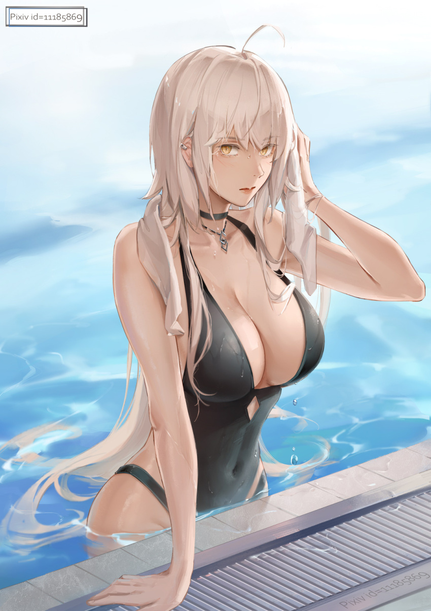 1girl ahoge arm_up bangs bare_arms bare_shoulders black_choker black_swimsuit breasts casual_one-piece_swimsuit choker cleavage closed_mouth collarbone covered_navel drying drying_hair ear_piercing eyebrows_visible_through_hair fate/grand_order fate_(series) highres jeanne_d'arc_(alter)_(fate) jeanne_d'arc_(fate) jewelry large_breasts lipstick long_hair makeup md5_mismatch necklace one-piece_swimsuit partially_submerged piercing pixiv_id pool rifu_(643763873) silver_hair solo swimsuit towel towel_around_neck water yellow_eyes