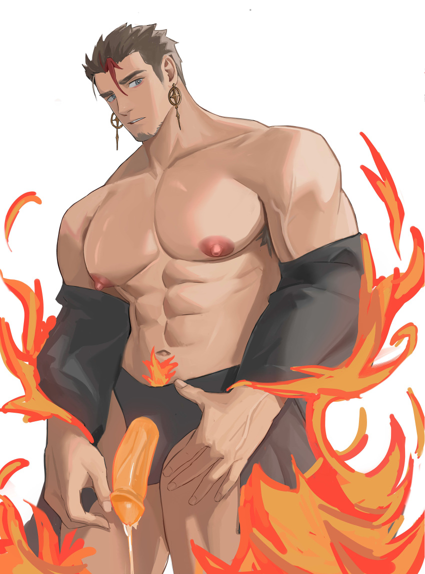 1boy abs absurdres areolae bara bare_pectorals bare_shoulders black_male_underwear briefs cum cum_string ear_piercing erection facial_hair feet_out_of_frame fiery_hair fire glowing glowing_penis goatee gugurend highres jacket jacket_partially_removed large_areolae large_pectorals looking_at_viewer male_focus male_underwear mature_male multicolored_hair muscular muscular_male navel navel_hair nipples no_pants original pectorals penis piercing red_hair short_hair sideburns solo stomach streaked_hair thick_thighs thighs underwear veins veiny_penis white_background