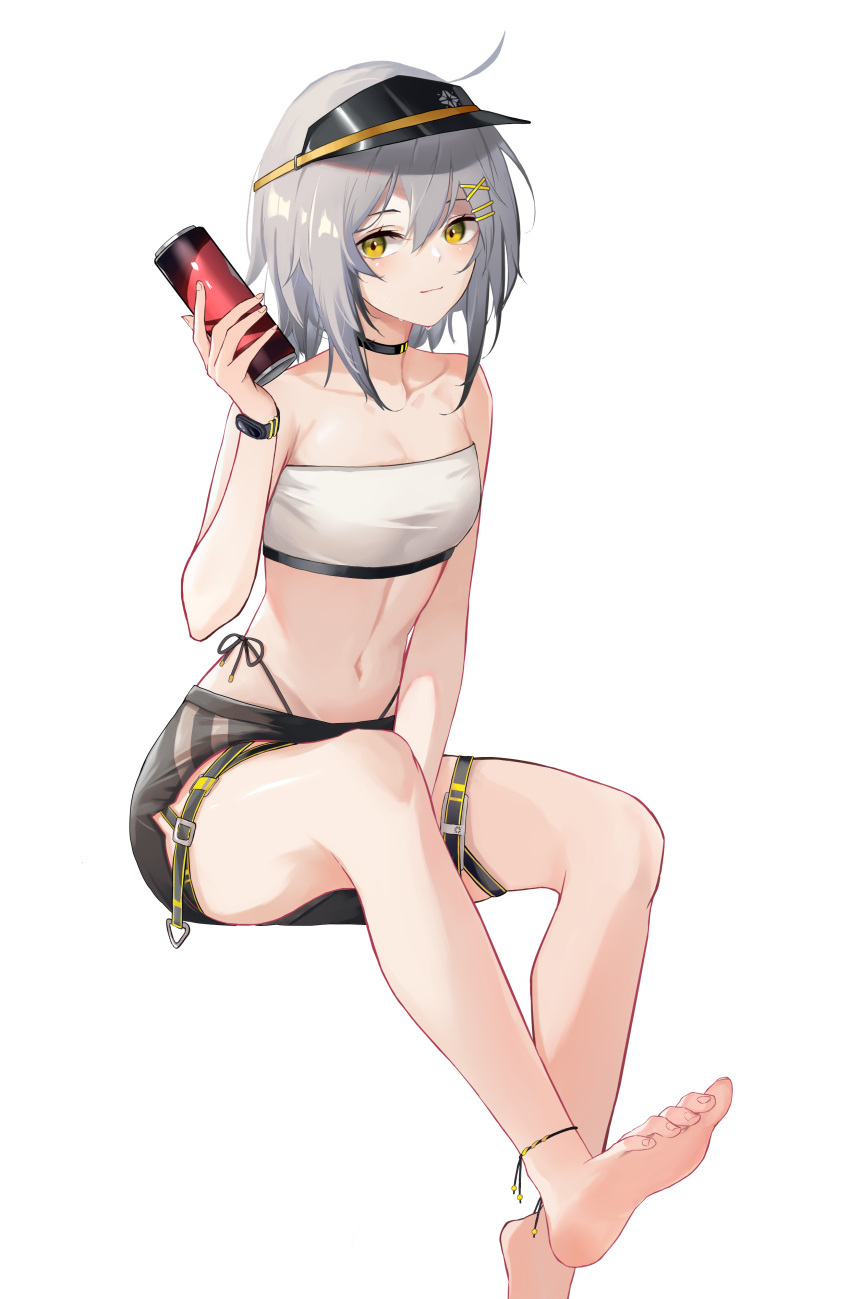 1girl absurdres ahoge anklet bandeau bangs bare_arms bare_legs bare_shoulders barefoot black_choker black_shorts breasts can choker cleavage collarbone commentary_request croque_(girls'_frontline_nc) girls'_frontline girls'_frontline_neural_cloud hair_between_eyes hair_ornament hairclip hand_up highres holding holding_can jewelry looking_at_viewer midriff navel short_hair short_shorts shorts silver_hair simple_background sitting solo stomach strapless thigh_strap thighs tube_top visor_cap white_background x_hair_ornament xiaobei yellow_eyes
