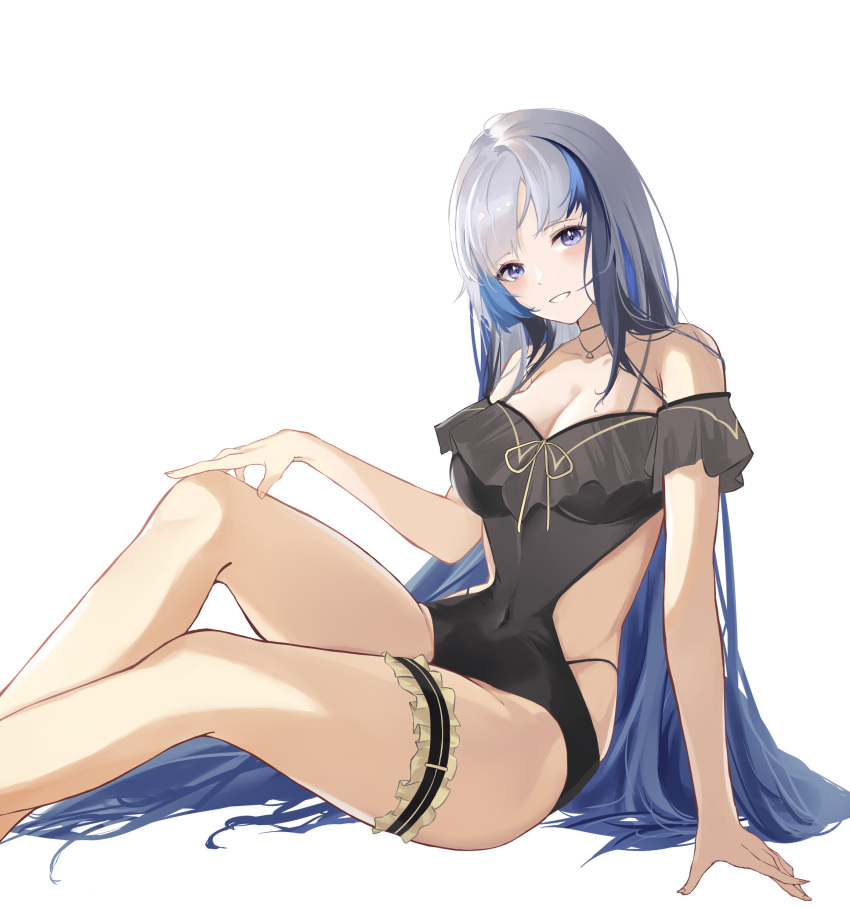 1girl absurdres bangs bare_legs bare_shoulders black_swimsuit blue_eyes blue_hair blush breasts cleavage commentary_request covered_navel feet_out_of_frame girls'_frontline girls'_frontline_neural_cloud grin head_tilt highres hubble_(girls'_frontline_nc) large_breasts leg_garter long_hair looking_at_viewer multicolored_hair off-shoulder_one-piece_swimsuit off_shoulder one-piece_swimsuit silver_hair simple_background sitting smile solo swimsuit thighs very_long_hair white_background xiaobei