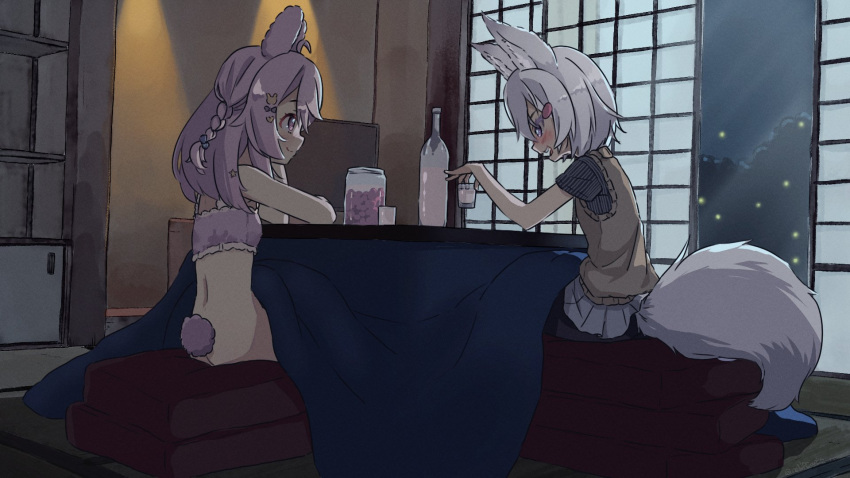 2girls animal_ears black_shirt blush bottle bra butt_crack cup flat_chest fox_ears fox_girl fox_tail frilled_bra frills grey_hair highres holding holding_cup kotatsu multiple_girls no_panties open_mouth phase_connect pink_bra pink_eyes pipkin_pippa purple_eyes rabbit_ears rabbit_girl rabbit_tail renpc shirt sitting skirt smile table tail tenma_maemi underwear vest virtual_youtuber white_skirt yellow_vest