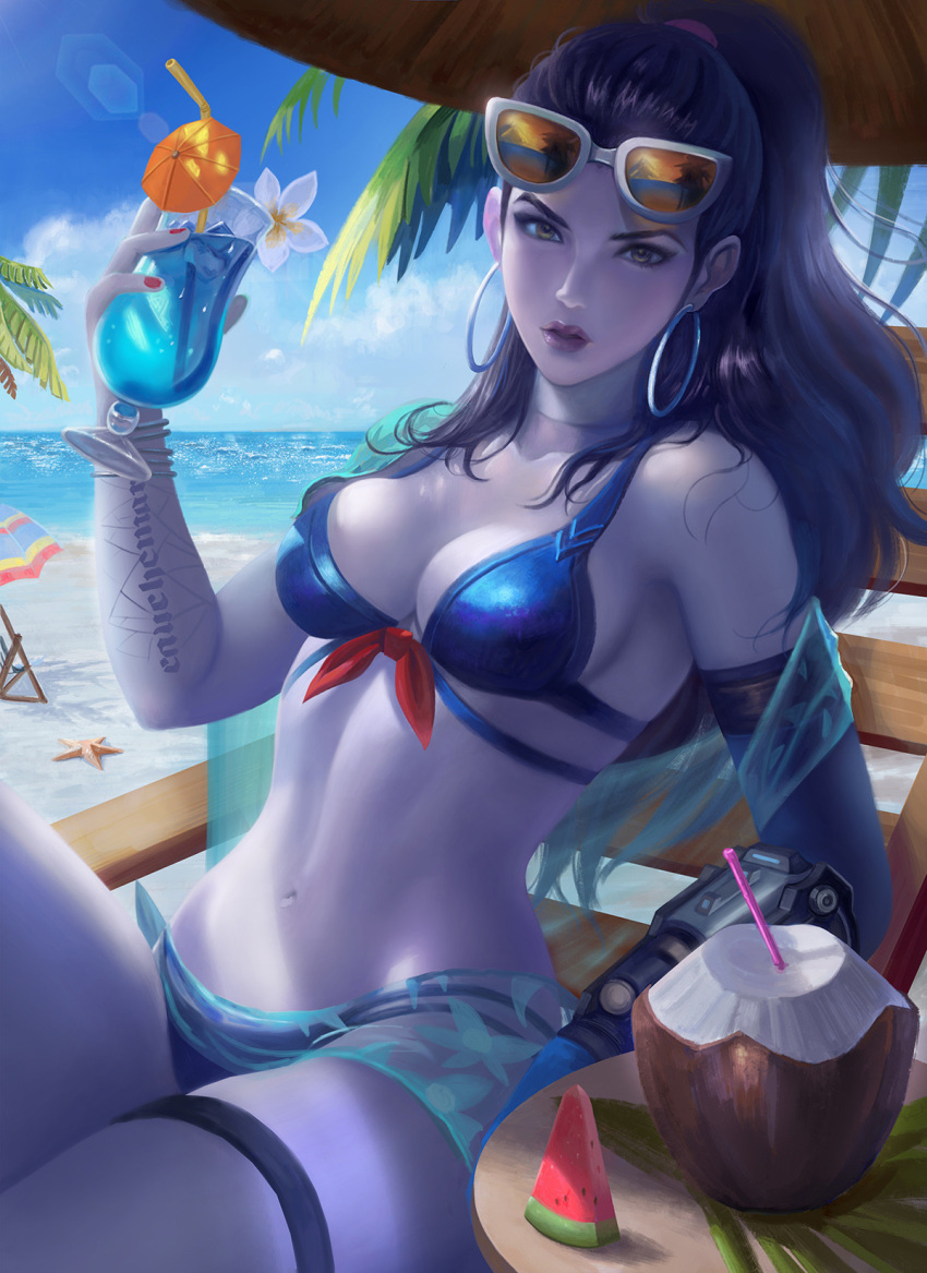 1girl beach beach_umbrella bikini blue_kimono blue_sky body_writing bracelet breasts chair cocktail_glass cocktail_umbrella coconut colored_skin cowboy_shot cup drink drinking_glass drinking_straw earrings elbow_gloves eyewear_on_head flower food frank_lee fruit fruit_cup gloves hand_up highres holding holding_cup hoop_earrings horizon hurricane_glass ice ice_cube japanese_clothes jewelry kimono knee_up leaning_back long_hair looking_at_viewer lounge_chair mechanical_arms medium_breasts multi-strapped_bikini navel outdoors overwatch palm_leaf palm_tree plumeria ponytail purple_hair purple_lips purple_skin red_nails sarong scar see-through shawl single_mechanical_arm sitting sky solo starfish sunglasses swimsuit table tattoo thigh_strap tree umbrella watermelon white_flower widowmaker_(overwatch) yellow_eyes