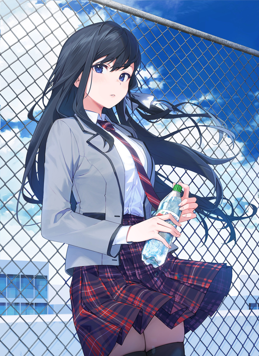 1girl bangs black_hair black_legwear blazer bottle bow breasts building cloud collared_shirt commentary_request eyebrows_visible_through_hair grey_jacket hair_bow highres holding holding_bottle jacket long_hair long_sleeves looking_at_viewer nagu necktie open_clothes open_jacket original outdoors plaid plaid_skirt red_skirt rooftop school school_uniform shirt shirt_tucked_in skirt sky solo thighhighs white_bow white_shirt