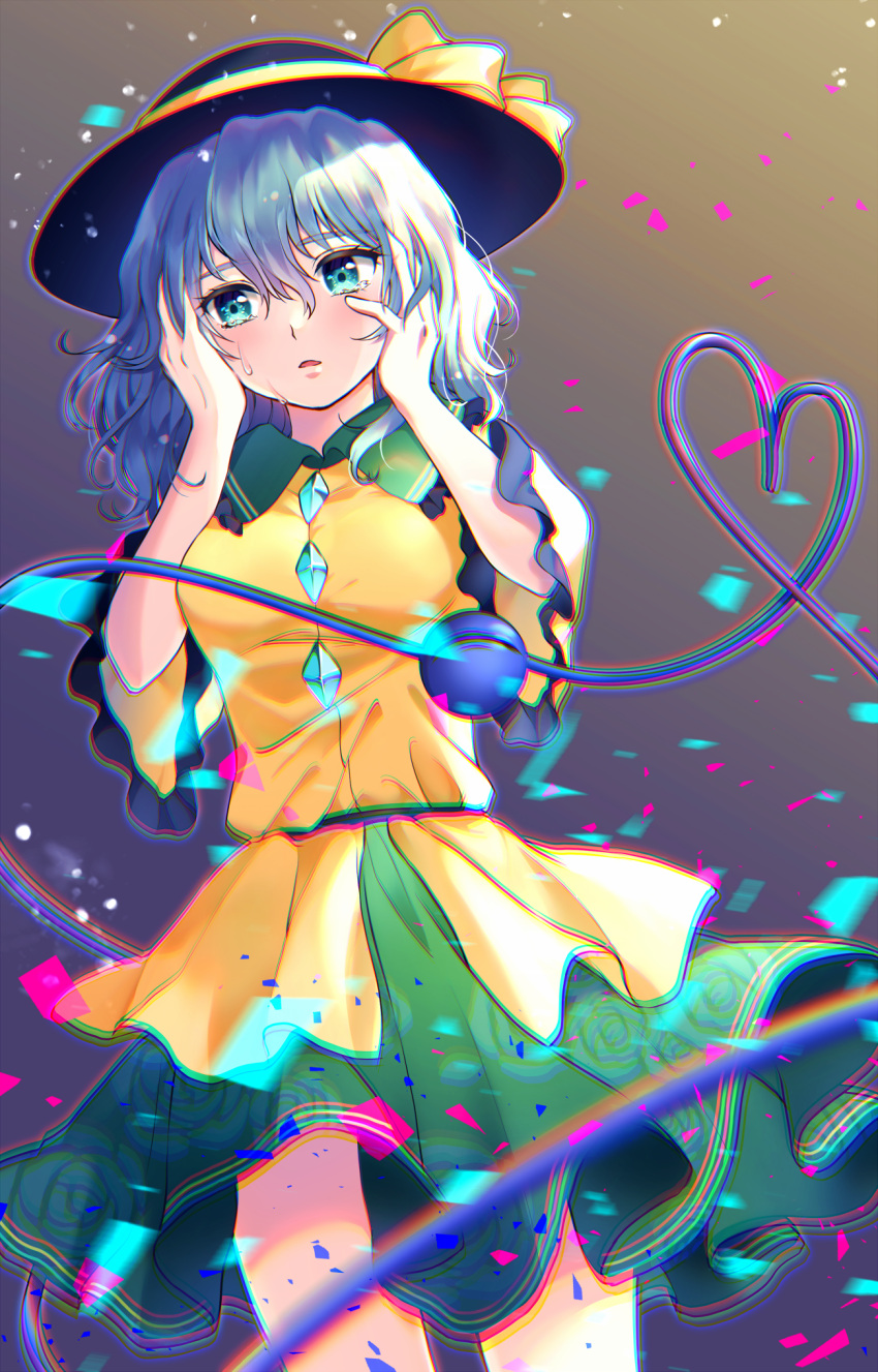1girl aqua_eyes bangs blurry blush breasts chromatic_aberration commentary_request crying crying_with_eyes_open depth_of_field eyebrows_visible_through_hair feet_out_of_frame frilled_shirt_collar frills gradient gradient_background green_skirt hair_between_eyes hands_on_own_face hands_up hat heart heart_of_string highres komeiji_koishi long_hair looking_away maruta_(shummylass) medium_breasts parted_lips shirt silver_hair skirt solo tears third_eye touhou wide_sleeves yellow_shirt