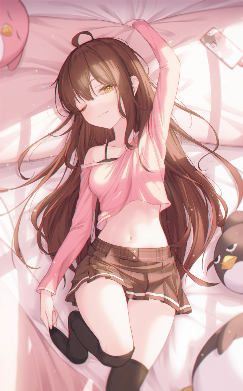 1girl ;( absurdres ahoge arm_up bangs bare_shoulders bed_sheet black_bra black_legwear bra bra_peek breasts brown_hair brown_skirt cellphone closed_mouth crop_top day eyebrows_visible_through_hair from_above highres indoors knee_up long_hair long_sleeves looking_at_viewer lying miniskirt navel off_shoulder on_back on_bed original peng_kun phone pillow plaid plaid_skirt pleated_skirt pulled_by_self skirt small_breasts smartphone solo stomach straight_hair stuffed_animal stuffed_penguin stuffed_toy thigh_gap thighhighs thighhighs_pull underwear undressing very_long_hair window_shade yellow_eyes