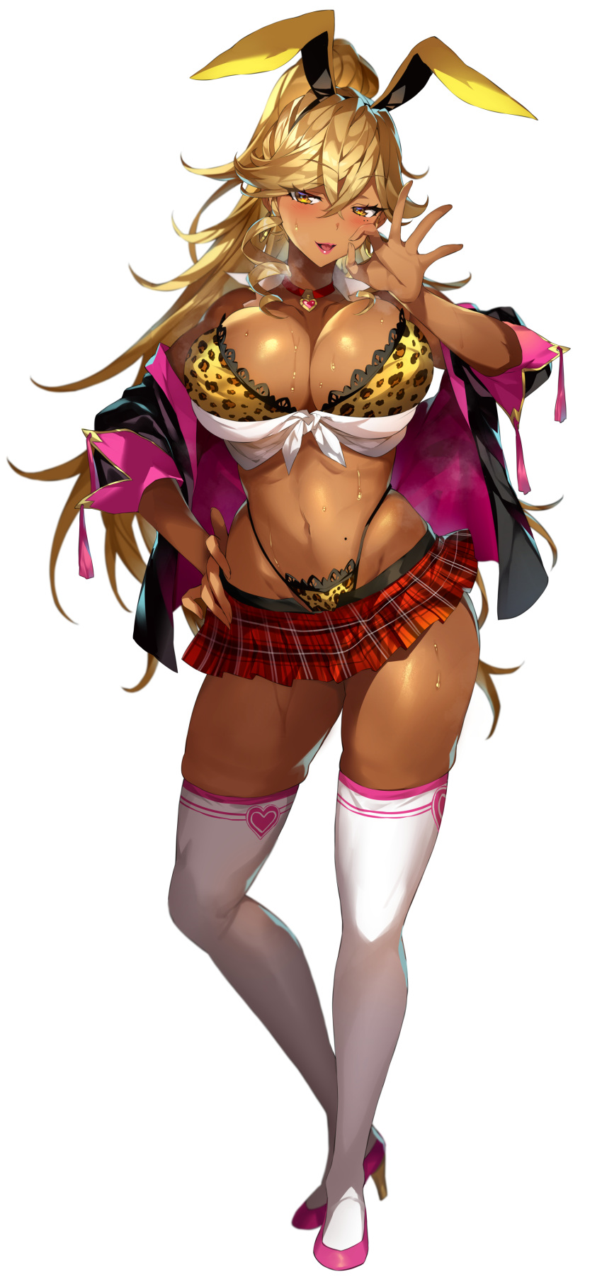 1girl absurdres animal_ears blonde_hair breasts cheetah_print choker cleavage dark-skinned_female dark_skin fingers_to_mouth full_body gyaru handjob_gesture highleg highres large_breasts lips looking_at_viewer naughty_face original plaid playboy_bunny rabbit_ears senri_gan solo thong yellow_eyes