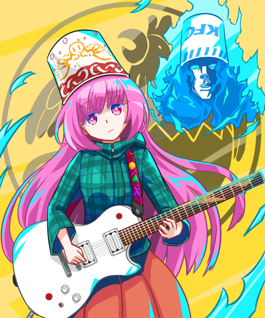 1boy 1girl adapted_costume bangs blue_hoodie bubble_skirt bucket bucket_of_chicken bucket_on_head closed_mouth cowboy_shot electric_guitar expressionless eyebrows_visible_through_hair eyelashes gibson_les_paul guitar hata_no_kokoro highres holding holding_instrument hood hoodie instrument kfc long_hair long_sleeves looking_at_viewer music object_on_head okema orange_skirt pink_eyes pink_hair plaid plaid_hoodie playing_instrument skirt touhou very_long_hair zipper_pull_tab