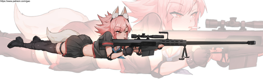 1girl aiming animal_ears anti-materiel_rifle barrett_m82 black_footwear black_gloves black_legwear black_skirt boots cigarette combat_boots commentary elbow_pads english_commentary eyebrows_visible_through_hair fake_animal_ears fingerless_gloves fox_ears fox_tail gao_(gaolukchup) gloves gun highres lying midriff on_stomach orange_eyes original pink_hair rifle school_uniform scope serafuku short_hair skirt smoking sniper sniper_rifle solo tail thigh_strap thighhighs tripod watermark weapon web_address zoom_layer