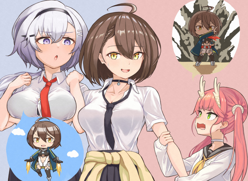 3girls :o a_(yyyaa) ahoge armlock azur_lane baltimore_(after-school_ace)_(azur_lane) baltimore_(azur_lane) bangs beige_cardigan belt black_choker black_hairband black_legwear black_necktie black_sailor_collar black_skirt blue_coat blunt_bangs braid breasts brown_hair button_gap cardigan cardigan_around_waist center_opening choker cleavage clothes_around_waist clothing_cutout coat collarbone collared_shirt commentary_request cowboy_shot dragon_girl dragon_horns explosion eyebrows_visible_through_hair fang french_braid garter_straps green_eyes grey_background grey_hair hair_between_eyes hair_ornament hairband hairclip henshin_pose highres hood hood_down hooded_coat horns iron_man_(series) kamen_rider kamen_rider_(series) large_breasts long_hair long_sleeves looking_at_another loose_necktie low_ponytail marvel metal_gloves multicolored_coat multiple_girls navel neckerchief necktie official_alternate_costume open_mouth parted_hair partially_unbuttoned pink_background pink_hair pleated_skirt pose purple_eyes red_necktie reno_(azur_lane) rocket rudder_footwear ryuujou_(azur_lane) ryuujou_(dragon_hunter:_ryuujou's_rise)_(azur_lane) sailor_collar school_uniform serafuku shirt short_hair short_sleeves sidelocks simple_background skin_fang skirt smile standing stomach_cutout thighhighs twintails two-tone_background underboob underboob_cutout upper_body white_cardigan white_choker white_shirt yellow_eyes yellow_neckerchief