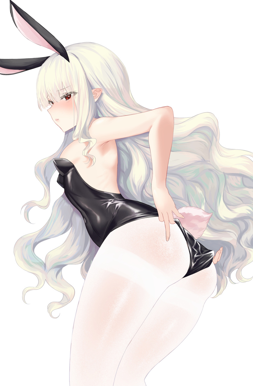 1girl absurdres animal_ears armpits ass bare_arms bare_shoulders black_leotard breasts covered_navel fake_animal_ears fake_tail from_side highres leaning_forward leotard long_hair looking_at_viewer ming_(user_arcn7324) original pantyhose playboy_bunny pointy_ears rabbit_ears rabbit_tail red_eyes sidelocks small_breasts solo standing strapless strapless_leotard tail thighband_pantyhose very_long_hair wavy_hair white_hair white_legwear