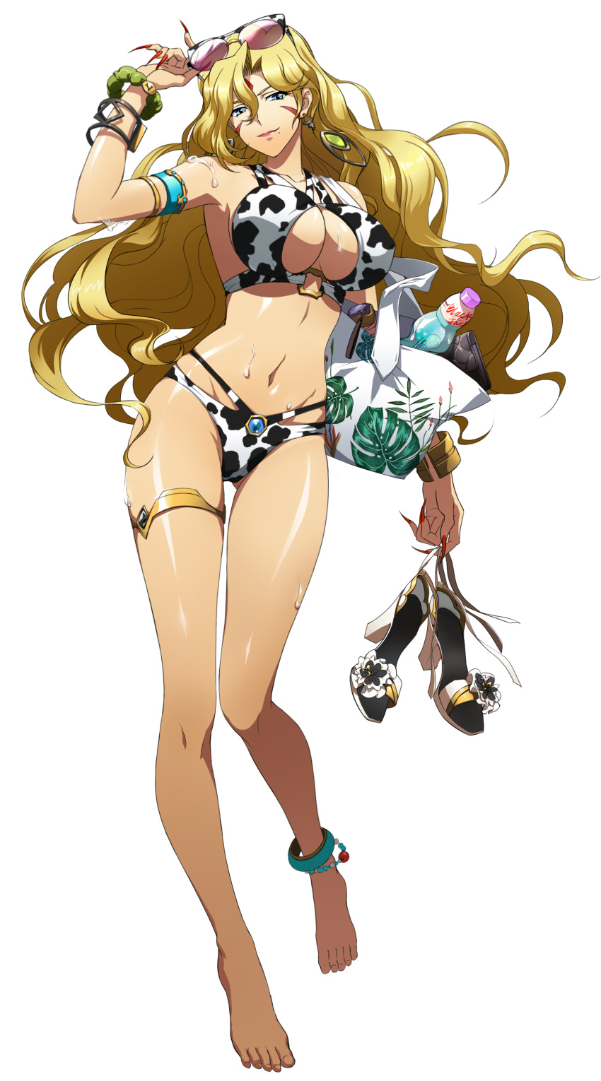 1girl absurdres anklet armlet bangs barefoot bikini blonde_hair blue_eyes bracelet breasts cleavage closed_mouth collarbone eyewear_on_head facial_mark fingernails floating_hair full_body green_scrunchie hair_between_eyes hair_intakes highres holding holding_clothes holding_footwear imelda_(langrisser) jewelry langrisser langrisser_ii large_breasts long_hair looking_at_viewer midriff mole mole_under_mouth multi-strapped_bikini navel official_art pink-tinted_eyewear scrunchie sharp_fingernails shiny shiny_hair shiny_skin sideboob smile solo standing stomach sunglasses swimsuit thighlet tinted_eyewear transparent_background very_long_hair wrist_scrunchie