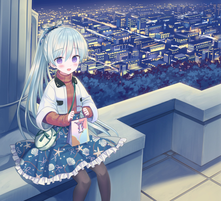1girl :d bangs black_legwear blue_ribbon blue_skirt blush brown_sweater building cityscape commentary_request eyebrows_visible_through_hair feet_out_of_frame frilled_skirt frills hair_between_eyes hair_ribbon highres jacket long_hair looking_at_viewer night open_clothes open_jacket original outdoors pantyhose ponytail print_skirt purple_eyes ribbed_sweater ribbon rooftop seashell_print silver_hair sitting skirt smile solo starfish_print sweater turtleneck turtleneck_sweater very_long_hair white_jacket yuuki_rika