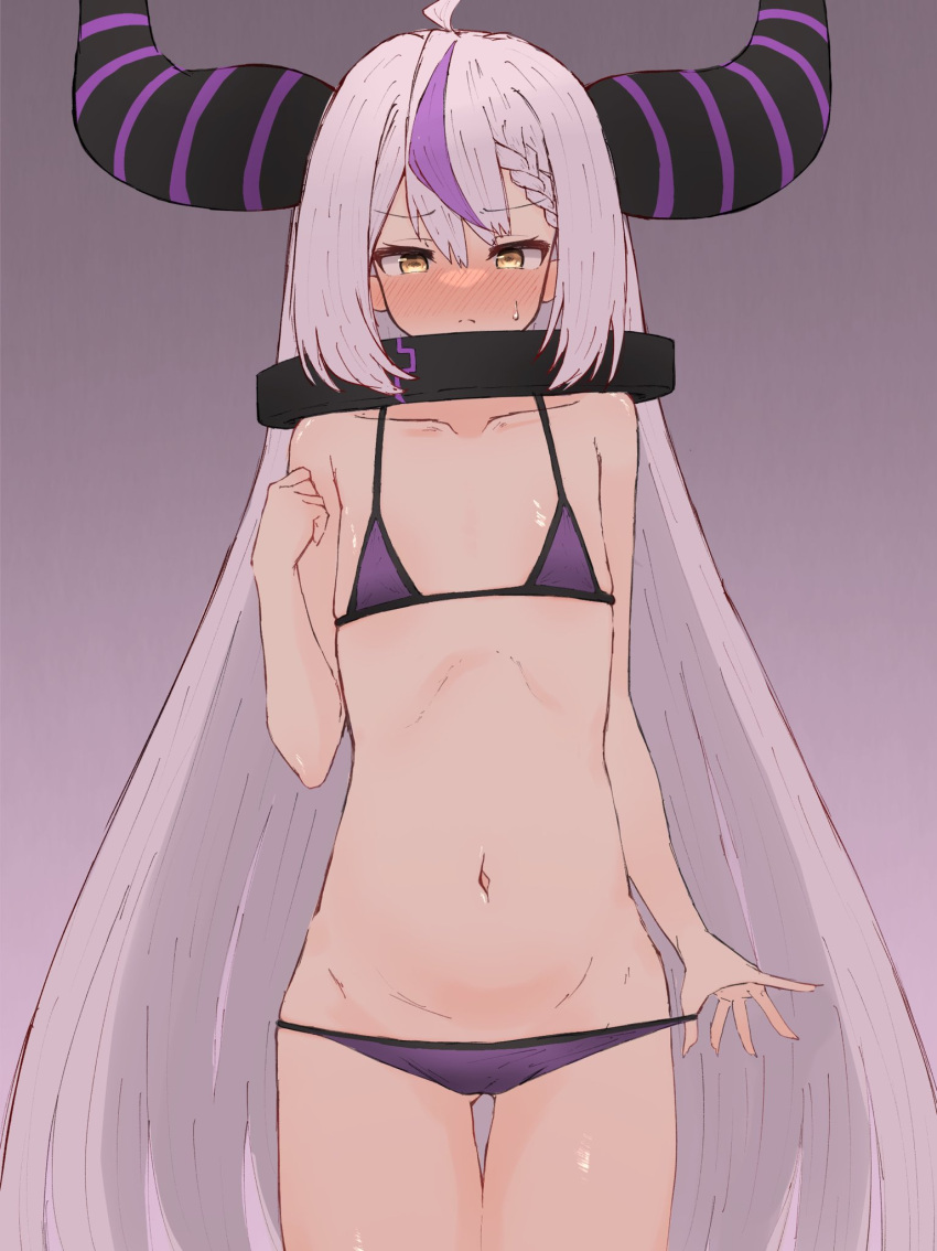 1girl ahoge bangs bare_shoulders bikini bikini_pull blush braid clothes_pull collar collarbone demon_girl ear_blush eyebrows_visible_through_hair flat_chest grey_background hair_between_eyes hand_up highres hololive horns la+_darknesss long_hair looking_down multicolored_hair navel nayutora_1110 nose_blush pulled_by_self purple_bikini purple_hair shiny shiny_skin silver_hair simple_background solo standing streaked_hair sweatdrop swimsuit very_long_hair virtual_youtuber yellow_eyes