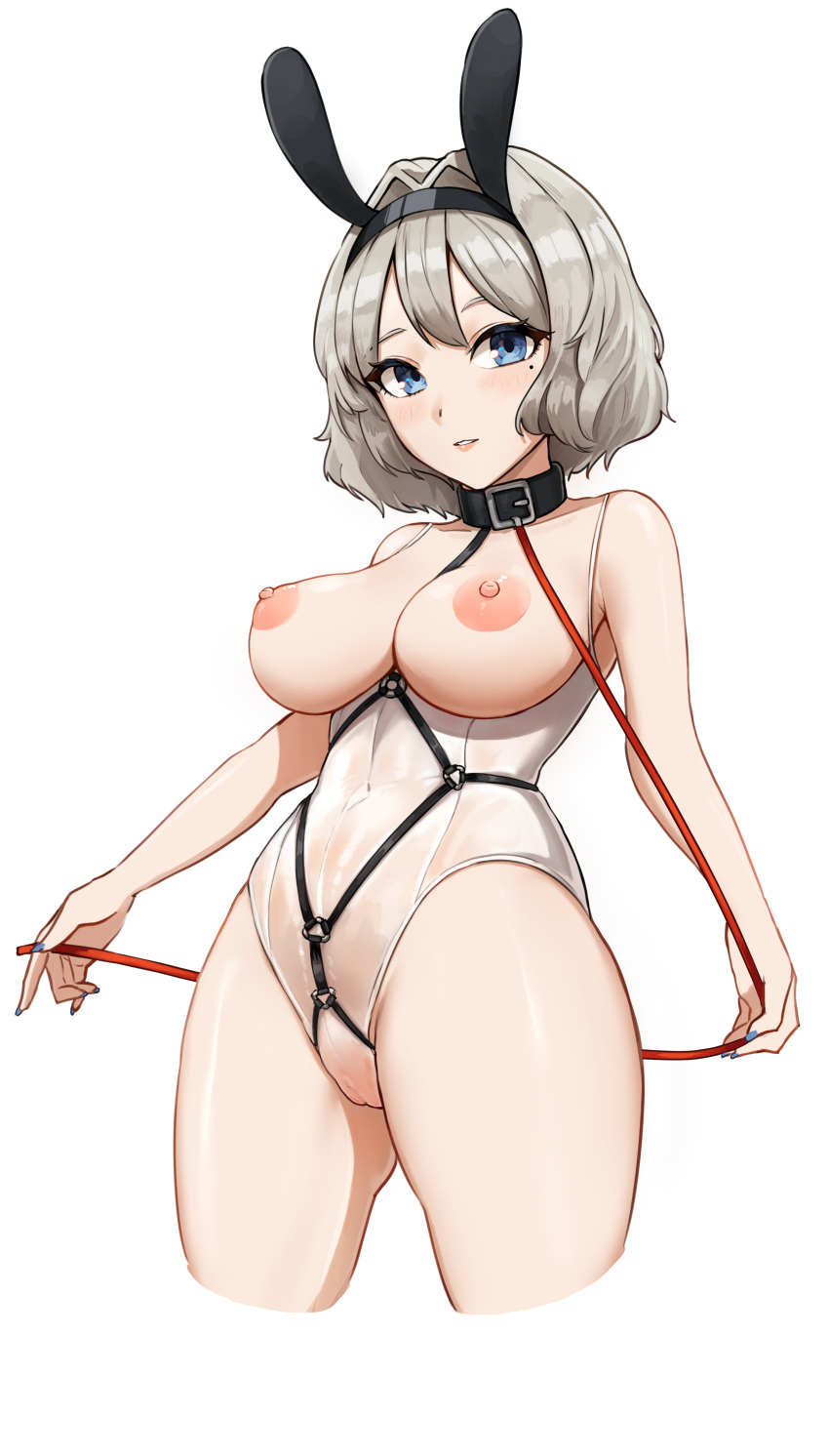 1girl absurdres animal_ears ass_visible_through_thighs bare_arms bare_shoulders between_breasts black_hairband blue_eyes blue_nails blush breastless_clothes breasts breasts_outside cameltoe censored collar covered_navel cropped_legs fake_animal_ears hair_intakes hairband harness highres holding large_breasts leash leotard looking_at_viewer matmaj mole mole_under_eye mosaic_censoring nail_polish nipples original parted_lips rabbit_ears short_hair silver_hair simple_background smile solo thighs white_background white_leotard