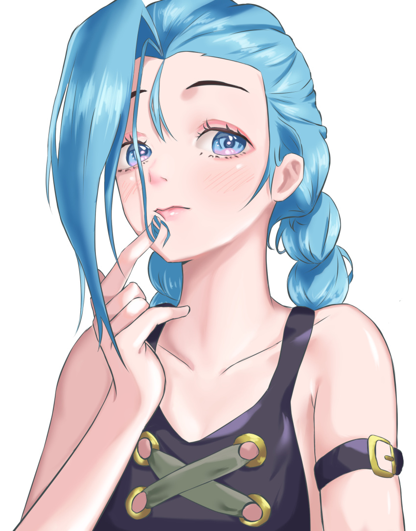 1girl absurdres arcane:_league_of_legends asymmetrical_bangs bangs bare_shoulders blue_eyes blue_hair blush braid breasts closed_mouth gloves hand_up highres jinx_(league_of_legends) league_of_legends long_hair looking_at_viewer playing_with_own_hair simple_background smile solo tattoo twin_braids white_background yawww_(yawwwart)