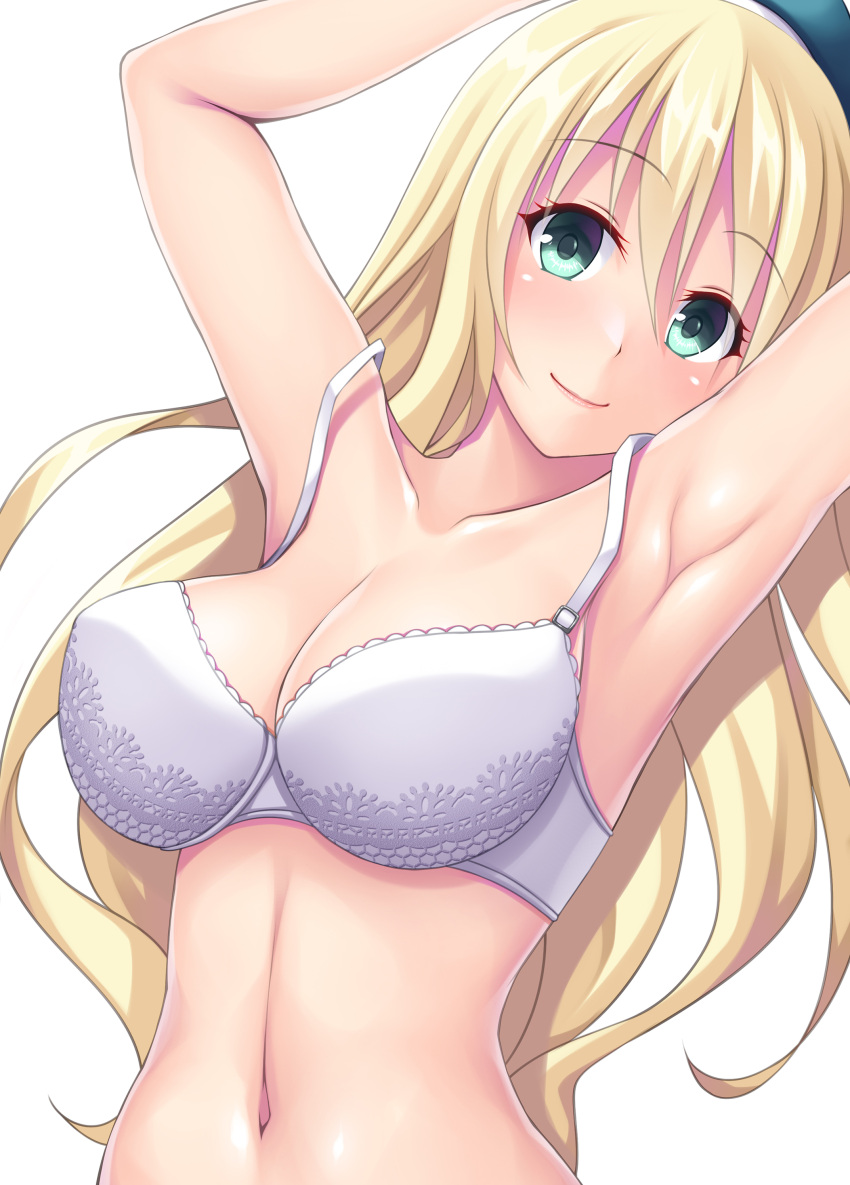 1girl absurdres armpits arms_up atago_(kancolle) beret blonde_hair blue_headwear bra breasts cleavage closed_mouth collarbone commentary_request eyebrows_visible_through_hair green_eyes hair_between_eyes hat highres kantai_collection large_breasts long_hair navel ruin_re_birth simple_background smile solo underwear upper_body white_background white_bra