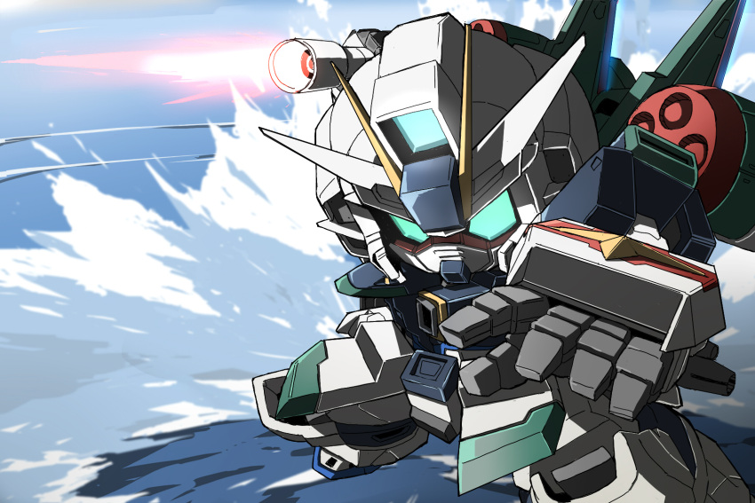 7no2gou beam_javelin blast_impulse_gundam chibi commentary energy_lance green_eyes gundam gundam_seed gundam_seed_destiny highres impulse_gundam looking_at_viewer mecha mobile_suit no_humans ocean science_fiction sd_gundam shield solo water weapon