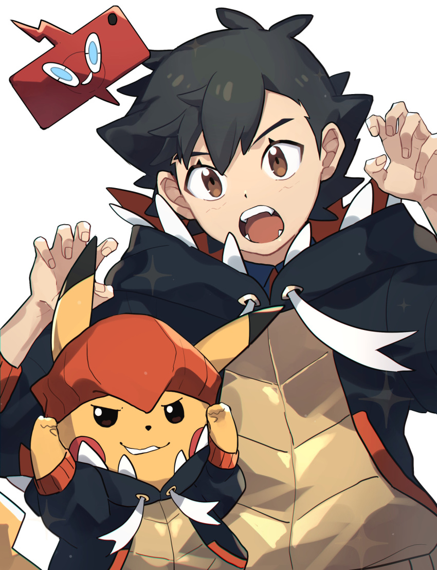 1boy ash_ketchum bangs black_hair black_hoodie blue_shirt brown_eyes claw_pose collared_shirt commentary_request cosplay eyelashes fingernails hands_up highres hood hood_down hoodie male_focus open_mouth ou_negi pikachu pokemon pokemon_(anime) pokemon_(creature) pokemon_swsh_(anime) raihan_(pokemon) raihan_(pokemon)_(cosplay) rotom rotom_phone shirt short_hair simple_background sparkle teeth tongue upper_body white_background