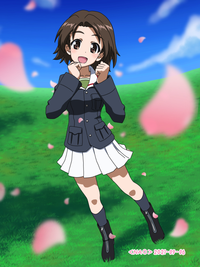 1girl :d artist_name bangs black_footwear black_legwear blue_jacket blue_sky blurry blurry_foreground boots brown_eyes brown_hair clenched_hands cloud cloudy_sky commentary_request dated full_body girls_und_panzer grass green_shirt highres horizon jacket long_sleeves looking_at_viewer military military_uniform miniskirt naotosi one_eye_closed ooarai_military_uniform open_mouth parted_bangs petals pleated_skirt sawa_azusa shadow shirt short_hair skirt sky smile socks solo standing uniform white_skirt wind zipper