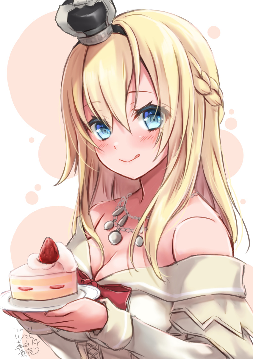 1girl absurdres artist_name black_hairband blonde_hair blue_eyes blush braid cake closed_mouth crown dated dress eyebrows_visible_through_hair food french_braid fruit hair_between_eyes hairband highres holding holding_plate jewelry kantai_collection long_hair long_sleeves mashiro_yukiya mini_crown necklace off-shoulder_dress off_shoulder plate signature smile solo strawberry tongue tongue_out upper_body warspite_(kancolle) white_dress