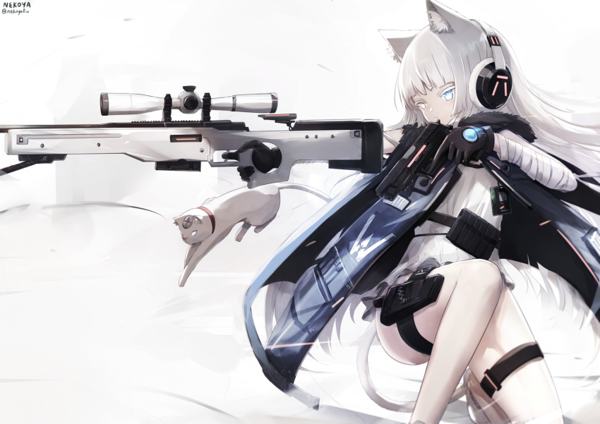1girl ai_arctic_warfare animal animal_ears awp_(girls'_frontline)_(nekoya_(liu)) bandaged_arm bandages black_gloves blue_eyes bolt_action brown_eyes cat cat_ears cat_girl cat_tail colored_eyelashes commentary_request dress girls'_frontline gloves gun headphones heterochromia highres holding holding_gun holding_weapon nekoya_(liu) one_knee original rifle shoes signature sniper_rifle sniper_scope solo tail twitter_username weapon weapon_request white_dress white_footwear