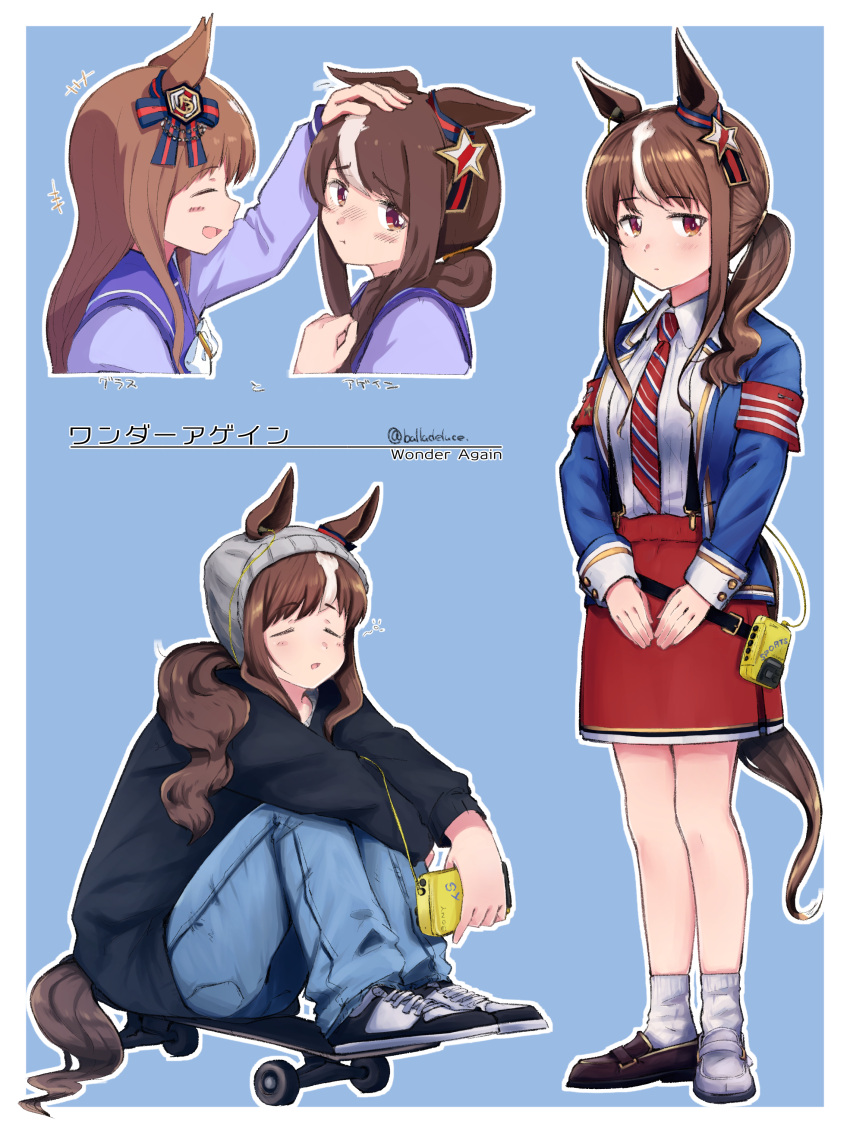 +++ 2girls absurdres animal_ears ankle_socks armband asymmetrical_footwear balladeluce beanie blue_jacket bow bowtie brown_footwear brown_hair commentary_request denim ear_ornament ear_ribbon ears_through_headwear eyebrows_visible_through_hair grass_wonder_(umamusume) hat headpat highres horse_ears horse_girl horse_tail jacket jeans long_sleeves mismatched_footwear multicolored_hair multiple_girls necktie original pants personification ponytail purple_shirt red_necktie red_skirt sailor_collar sailor_shirt school_uniform shirt shoes siblings sidelocks sisters skateboard sketch skirt sleepy sneakers suspender_skirt suspenders tail tracen_school_uniform translated two-tone_hair umamusume white_bow white_bowtie white_footwear white_hair winter_uniform wonder_again_(racehorse)