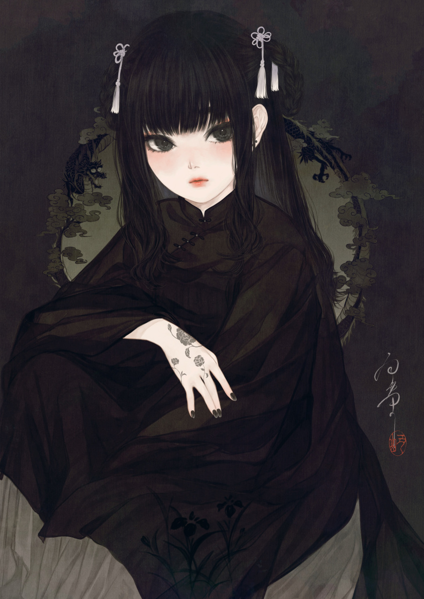 1girl absurdres black_eyes black_hair black_nails black_theme blush braid chinese_clothes cloud dragon earrings elbow_on_knee flower framed highres jewelry long_sleeves looking_to_the_side nail_polish original tassel tattoo ushiyama_ame whorled_clouds