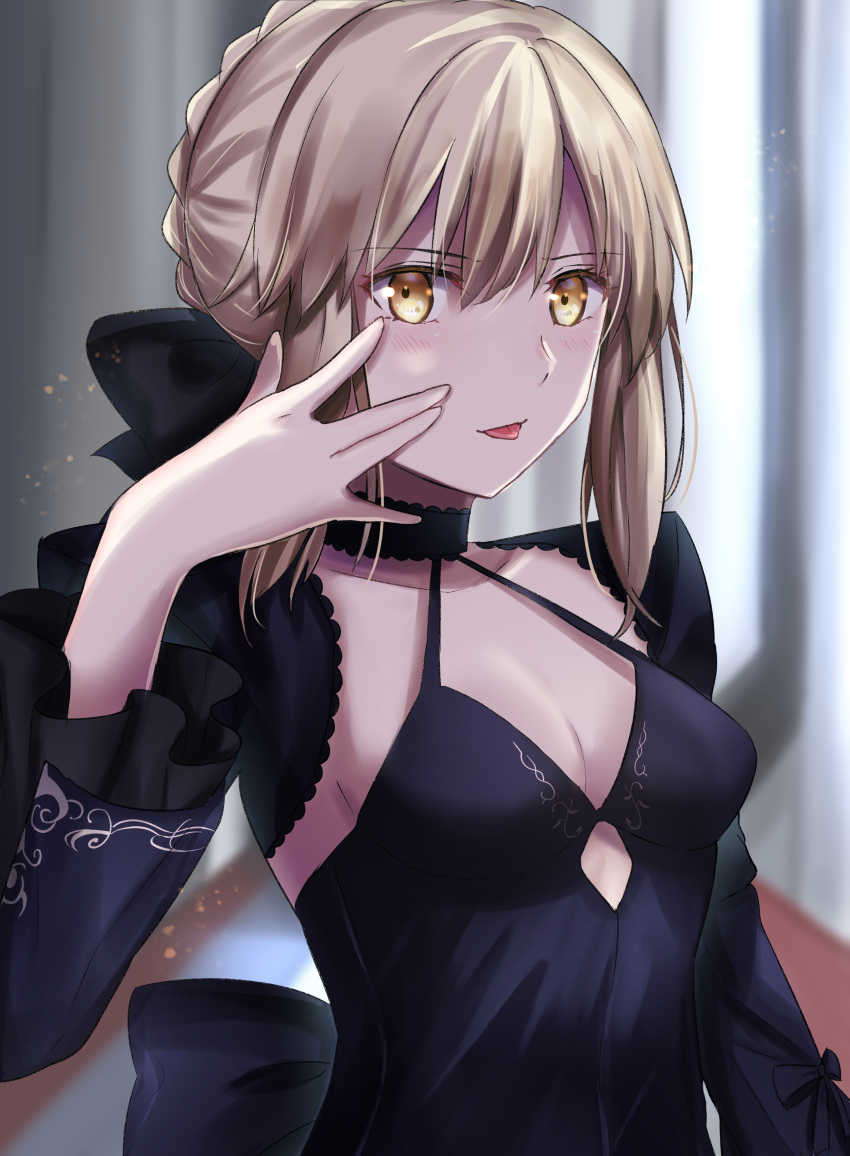 1girl absurdres artoria_pendragon_(fate) blonde_hair blurry blurry_background blush breasts choker cleavage commentary_request dress eyebrows_visible_through_hair fate/grand_order fate/stay_night fate_(series) hair_between_eyes hair_bun highres long_hair looking_at_viewer saber_alter shadow sii_artatm small_breasts tongue tongue_out upper_body yellow_eyes