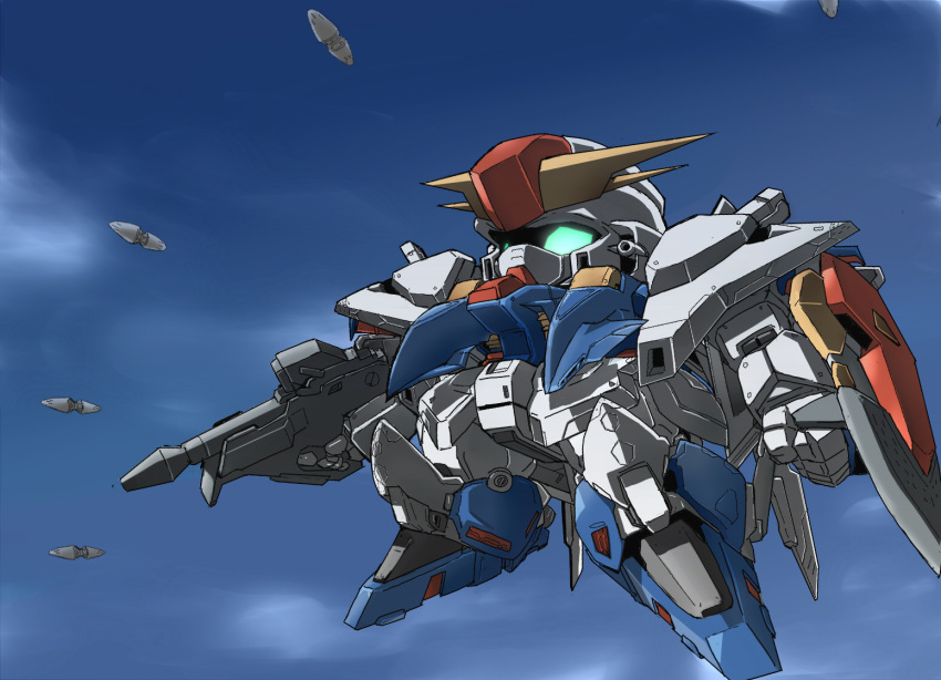 7no2gou airborne beam_rifle chibi cloud cloudy_sky commentary energy_gun funnels green_eyes gundam gundam_hathaway's_flash mecha missile mobile_suit no_humans science_fiction sd_gundam shield sky solo v-fin weapon xi_gundam