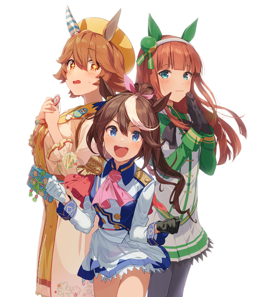 +_+ 3girls :d animal_ears aqua_eyes ascot asymmetrical_gloves bangs black_bow black_bowtie black_gloves black_legwear blue_eyes blue_jacket blue_skirt blunt_bangs blush bow bowtie breasts brown_eyes brown_hair buttons cape capelet closed_mouth commentary double-breasted ear_covers ear_ornament epaulettes eyebrows_visible_through_hair flat_chest floral_print frilled_sleeves frills gloves hair_between_eyes hair_bow hair_ornament hairband high_ponytail highres horse_ears horse_girl jacket joey_koguma large_breasts long_hair long_sleeves looking_at_viewer matikanefukukitaru_(umamusume) miniskirt mismatched_gloves multicolored_clothes multicolored_hair multicolored_jacket multiple_girls open_mouth orange_hair pantyhose parted_lips pink_ascot pink_bow pink_neckwear pleated_skirt ponytail red_cape red_capelet school_uniform shirt short_hair sidelocks silence_suzuka_(umamusume) simple_background single_ear_cover single_epaulette skirt smile standing streaked_hair sweatdrop tokai_teio_(umamusume) tracen_school_uniform two-tone_hair two-tone_jacket two-tone_skirt umamusume white_background white_gloves white_hair white_jacket white_skirt yellow_eyes