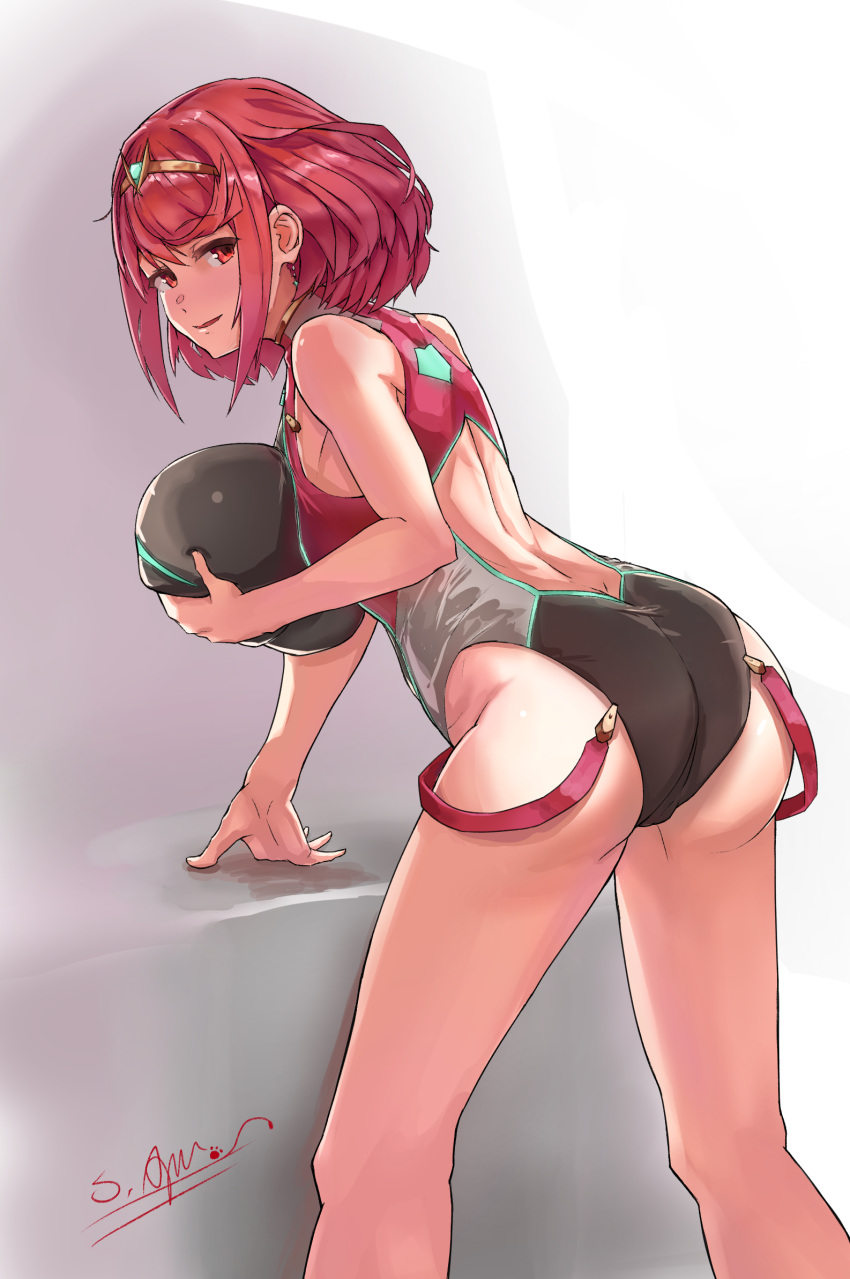 1girl bangs black_swimsuit breasts commentary_request competition_swimsuit highres large_breasts one-piece_swimsuit pyra_(pro_swimmer)_(xenoblade) pyra_(xenoblade) red_eyes red_hair red_swimsuit shizuki_muika short_hair solo swept_bangs swimsuit two-tone_swimsuit xenoblade_chronicles_(series) xenoblade_chronicles_2