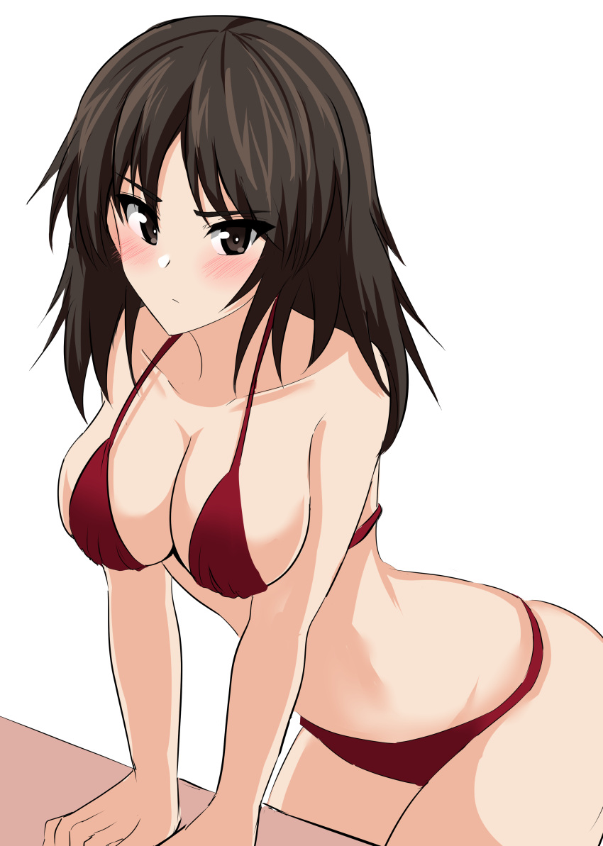 1girl absurdres aikir_(jml5160) arm_support bangs bikini black_eyes black_hair blush breasts cleavage closed_mouth commentary cowboy_shot eyebrows_visible_through_hair frown girls_und_panzer halterneck highres large_breasts leaning_forward long_hair looking_at_viewer murakami_(girls_und_panzer) red_bikini simple_background skindentation solo swimsuit thong_bikini white_background