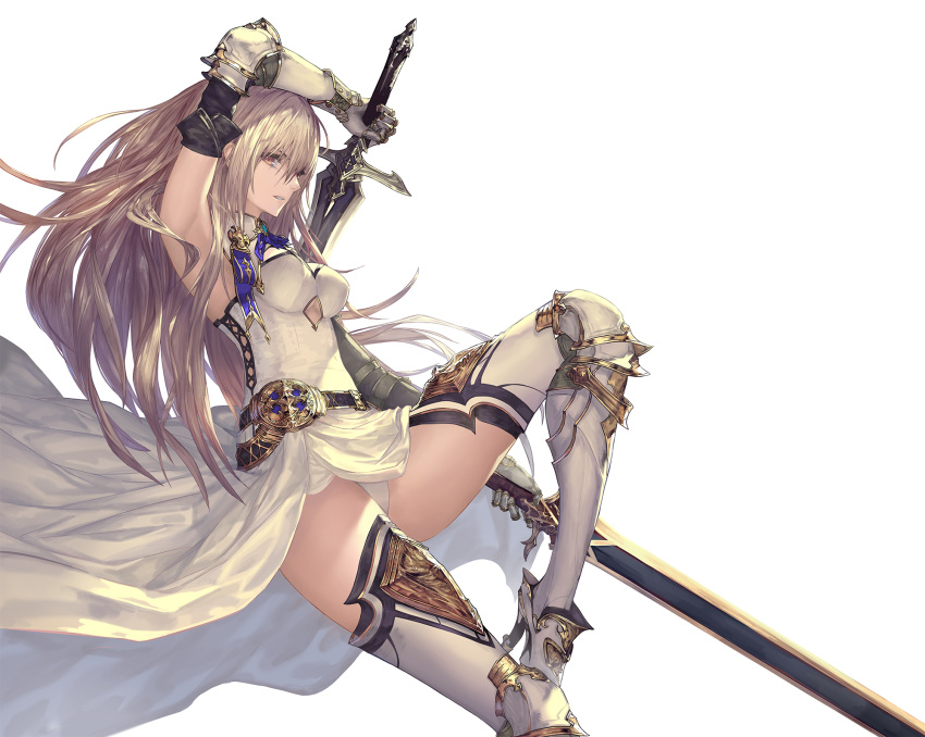 1girl armor armpits bangs bare_shoulders belt blonde_hair breasts brown_eyes dress dual_wielding gauntlets gloves greaves hair_between_eyes high_heels highres holding leg_up long_hair looking_at_viewer medium_breasts original panties parted_lips simple_background sleeveless sleeveless_dress solo sword tachikawa_mushimaro thighhighs underwear weapon white_background white_dress white_gloves white_panties