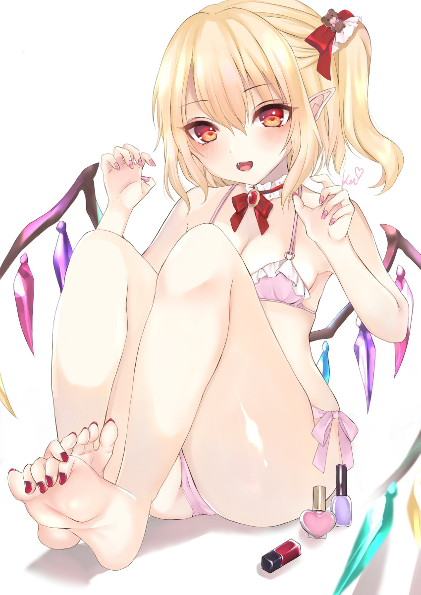 1girl :o arms_up ass_visible_through_thighs bangs bare_shoulders blonde_hair blush bow bra breasts cleavage collarbone commentary_request crystal detached_collar eyebrows_visible_through_hair eyelashes fang flandre_scarlet full_body hair_bow highres kei_(hidden) knees nail_polish nail_polish_bottle one_side_up open_mouth panties pink_bra pink_panties pointy_ears red_bow red_eyes red_nails shiny shiny_hair short_hair side_ponytail sidelocks signature simple_background sitting small_breasts solo teddy_bear_hair_ornament thighs toenail_polish toenails toes tongue touhou underwear white_background wings