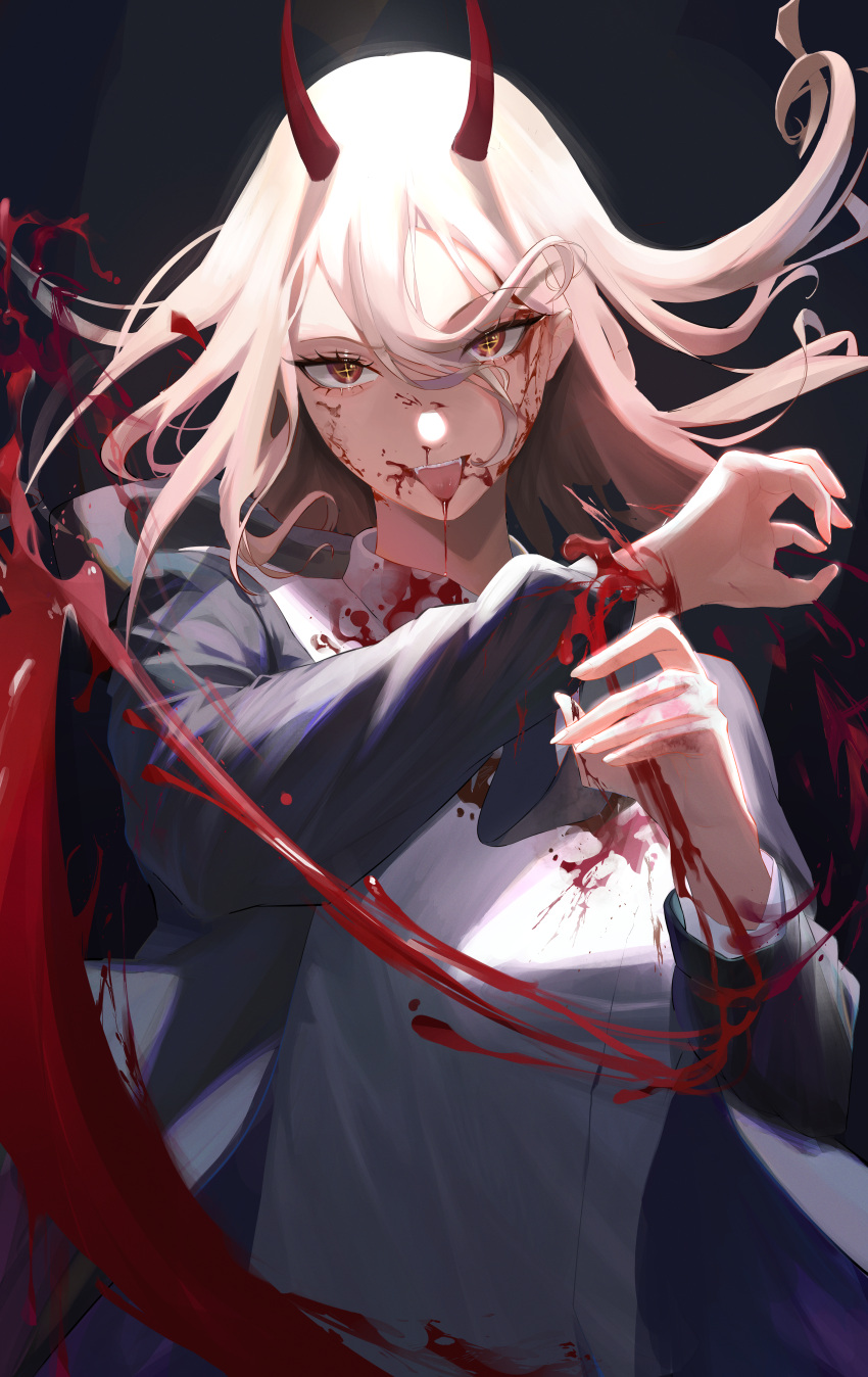 1girl absurdres bangs black_coat blood blood_on_face brown_eyes chainsaw_man cherrymaru coat eyebrows_visible_through_hair floating_hair hair_between_eyes highres horns long_hair long_sleeves looking_at_viewer open_clothes open_coat power_(chainsaw_man) shirt silver_hair solo tongue tongue_out upper_body white_shirt