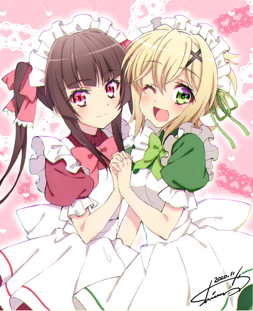 2girls ;d akatsuki_kirika alternate_costume apron artist_name bangs black_hair blonde_hair blunt_bangs bow bowtie closed_mouth commentary dated doily dress enmaided eyebrows_visible_through_hair frilled_sleeves frills green_dress green_eyes hair_ornament hair_ribbon heart highres holding_hands interlocked_fingers looking_at_viewer maid maid_apron maid_headdress medium_dress multiple_girls one_eye_closed open_mouth pink_eyes pink_ribbon puffy_short_sleeves puffy_sleeves purple_dress ribbon senki_zesshou_symphogear short_hair short_sleeves sidelocks signature smile standing tsukuyomi_shirabe twintails white_apron x_hair_ornament yuuheisyoujyo