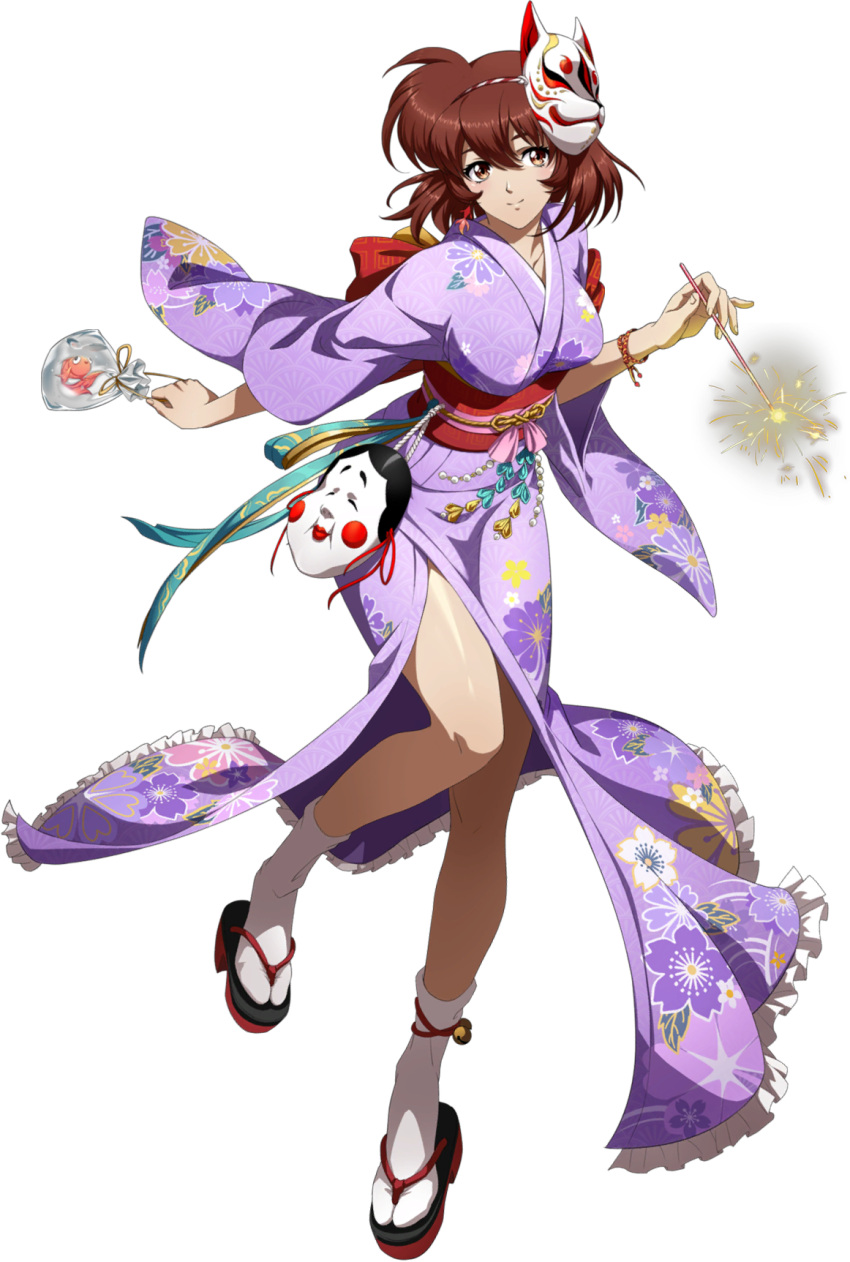 1girl bangs bare_legs brown_eyes brown_hair closed_mouth collarbone flare_(langrisser) floral_print fox_mask full_body hair_between_eyes hairband highres holding japanese_clothes kimono langrisser langrisser_iii long_sleeves mask mask_on_head official_art print_kimono purple_kimono shiny shiny_hair shiny_skin short_hair smile solo standing striped striped_hairband tabi transparent_background white_legwear wide_sleeves yukata