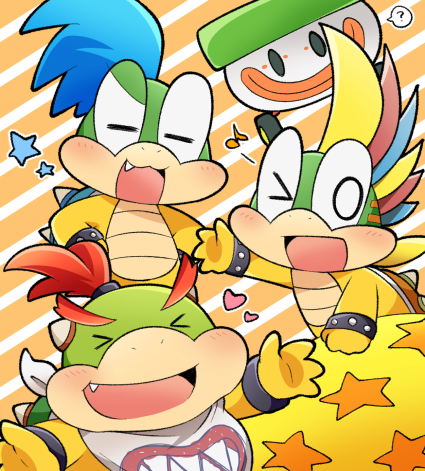 &gt;_&lt; 3boys ? blue_hair blush bowser_jr. bracelet chibi closed_eyes commentary fang heart highres jewelry katanagi1129 koopa_clown_car koopalings larry_koopa lemmy_koopa male_focus mario_(series) multicolored_hair multiple_boys musical_note one_eye_closed open_mouth red_hair speech_bubble spiked_bracelet spikes spoken_question_mark star_(symbol) thick_eyebrows