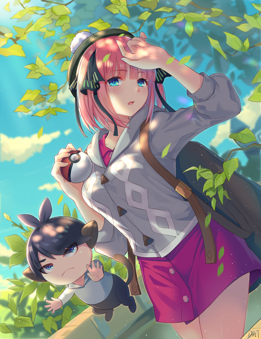 1boy 1girl animal_ears backpack bag bangs bare_legs beret black_hair black_ribbon blue_eyes blunt_bangs blush branch butterfly_hair_ornament chinese_commentary cloud collarbone commentary_request cosplay da-cart dress gloria_(pokemon) gloria_(pokemon)_(cosplay) go-toubun_no_hanayome green_headwear grey_sweater hair_ornament hand_on_forehead hat highres monkey_ears monkey_tail nakano_nino outdoors parted_lips pink_dress pink_hair poke_ball pokemon pokemon_(game) pokemon_swsh ribbon sky sweater tail thick_thighs thighs tree tree_shade twintails uesugi_fuutarou v-shaped_eyebrows