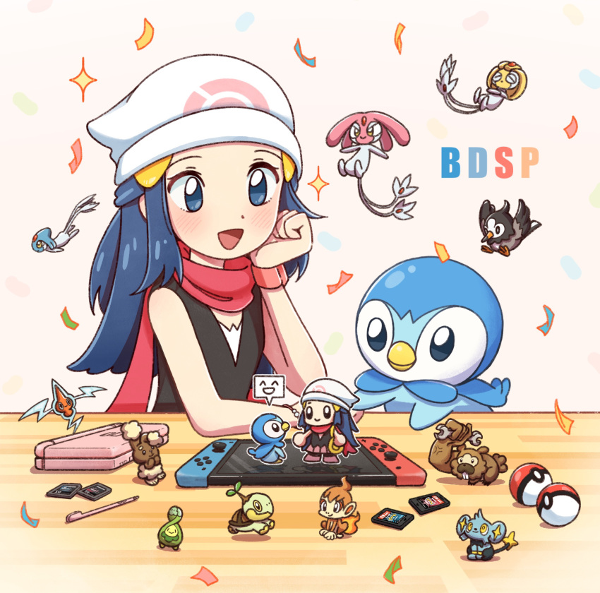 1girl :d azelf beanie bidoof black_shirt blush budew buneary chimchar commentary_request confetti dawn_(pokemon) game_cartridge hair_ornament hairclip handheld_game_console hat highres kino_(jewell_chang) long_hair mesprit minimized nintendo_ds nintendo_switch open_mouth piplup pokemon pokemon_(creature) pokemon_(game) pokemon_bdsp red_scarf rotom rotom_(normal) scarf shinx shirt sleeveless sleeveless_shirt smile stylus table tongue turtwig uxie white_headwear wrench
