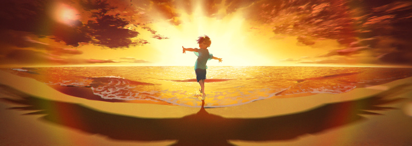 1boy :d absurdres aqua_shirt bangs bare_arms bare_legs barefoot beach bird black_hair blue_shorts child cloud commentary_request different_shadow floating_hair free! from_behind hana_(dqkmb362) highres horizon looking_back male_focus nanase_haruka_(free!) ocean outdoors outstretched_arms scenery see-through_silhouette shirt short_hair short_sleeves shorts sky smile solo spread_arms standing standing_on_one_leg sunrise t-shirt waves yellow_theme