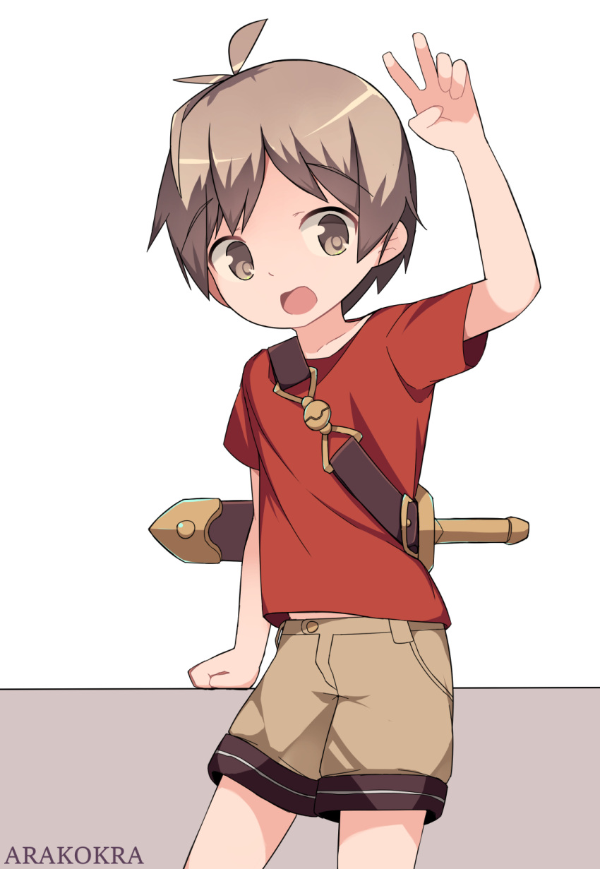 1boy arakokra brown_eyes brown_hair brown_shorts english_commentary eyebrows_visible_through_hair fantasy highres hilt male_focus midriff_peek open_mouth original red_shirt shirt shorts sword v weapon