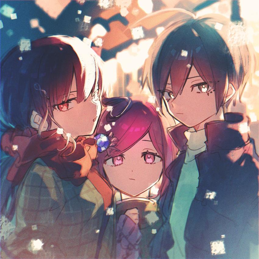 1boy 2girls ahoge alternate_costume bangs black_jacket blurry blurry_background brown_eyes brown_jacket danganronpa_(series) danganronpa_v3:_killing_harmony eyelashes grey_sweater hair_between_eyes hair_ornament hairclip harukawa_maki highres jacket long_hair looking_at_viewer multiple_girls open_clothes open_jacket open_mouth outdoors plaid plaid_jacket red_eyes red_hair red_scarf saihara_shuuichi scarf shiny shiny_hair short_hair snow sweater yumeno_himiko ze_ro_saiji