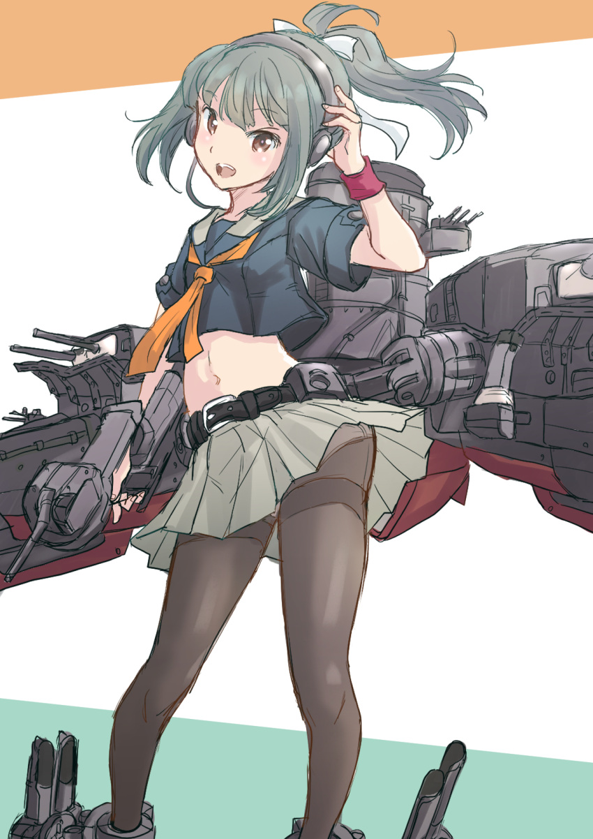 1girl adapted_turret black_shirt bow brown_eyes cannon commentary_request feet_out_of_frame fuji_(pixiv24804665) grey_hair grey_sailor_collar grey_skirt hair_bow headphones highres kantai_collection looking_at_viewer machinery midriff neckerchief open_mouth orange_neckerchief panties panties_under_pantyhose pantyhose partial_commentary pleated_skirt ponytail remodel_(kantai_collection) sailor_collar school_uniform serafuku shirt skirt smile solo standing thighband_pantyhose turret underwear wristband yuubari_(kancolle)