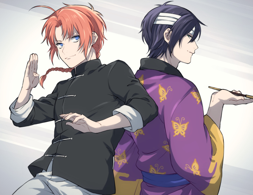 2boys ahoge back-to-back bandaged_head bandages bangs black_hair blue_eyes braid chinese_clothes fighting_stance gintama holding holding_pipe japanese_clothes kamui_(gintama) kiseru male_focus multiple_boys orange_hair parted_bangs pipe sleeves_rolled_up smile takasugi_shinsuke tangzhuang tofu_(bean359)